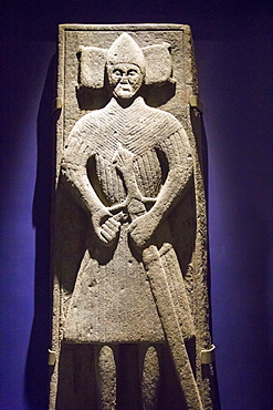 An ancient preserved grave slab in Iona Abbey on Iona, off Mull, Scotland, UK.