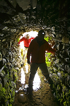 Exploring old copper mine levels on Coniston Old Man in the Lake District, Cumbria, England, United Kingdom, Europe