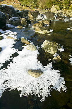 A partially frozen river in Easedale near Grasmere in the Lake District National Park, Cumbria, England, United Kingdom, Europe