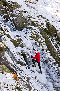 Ice climbing above Dunmail Raise in the Lake District, Cumbria, England, United Kingdom, Europe