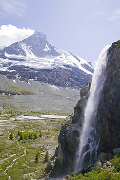 Melting glaciers on the north wall of the Matterhorn above Zermatt, Switzerland, Europe