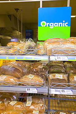 Organic bread in a Tesco supermarket in Carlisle, Cumbria, England, United Kingdom, Europe