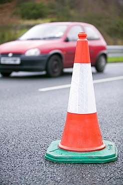 Traffic cones at road works in Cumbria, England, United Kingdom, Europe