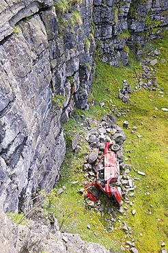 A car abandoned in a limestone quarry at Geltsdale, North Cumbria, England, United Kingdom, Europe