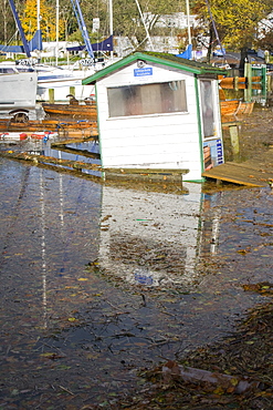 Flooding at Waterhead on Lake Windermere in Ambleside, Lake District National Park, Cumbria, England, United Kingdom, Europe