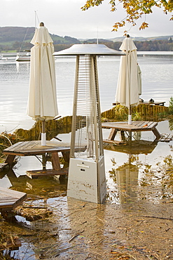 Flooding at the Wateredge Inn at Waterhead on Lake Windermere in Ambleside, Lake District National Park, Cumbria, England, United Kingdom, Europe