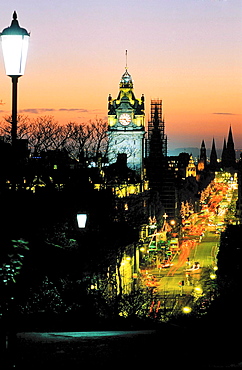 Princes Street at sunset, Edinburgh, Scotland, United Kingdom, Europe