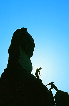 Climbers on Napes Needle on Great Gable in the Lake District, Cumbria, England, United Kingdom, Europe