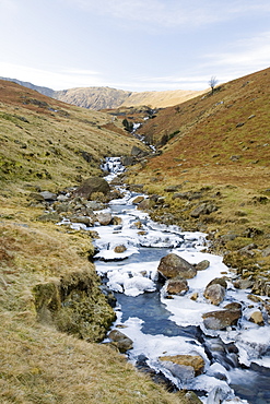 Ice on Greenburn Beck in the Lake District during a cold snap, Cumbria, England, United Kingdom, Europe