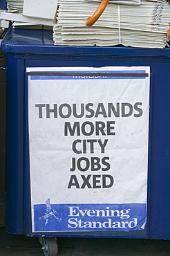 Newspaper hoardings announcing another round of job losses in the 2008 credit crunch, London, England, United Kingdom, Europe