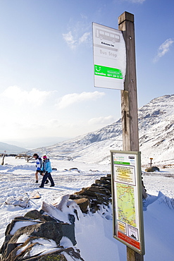 A bus timetable on Kirkstone Pass in the Lake District, Cumbria, England, United Kingdom, Europe