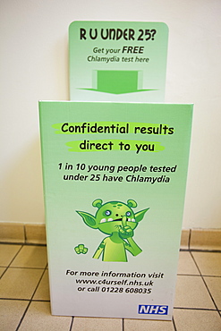 A Chlamydia self testing kit in the toilets of The University of Cumbria campus in Ambleside, Cumbria, England, United Kingdom, Europe