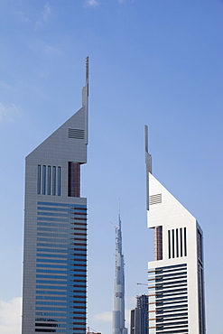 The Burj Dubai, the worlds tallest building seen through the Emirates Towers in Dubai, United Arab Emirates, Middle East