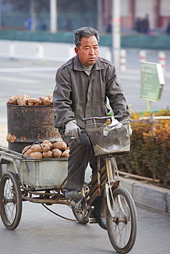 A peasant farmer cycles hius produce to a market in Beijing, China, Asia