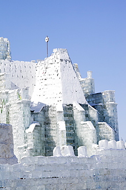 An ice palace built with blocks of ice from the Songhue river in Harbin, Heilongjiang Province, Northern China, Asia