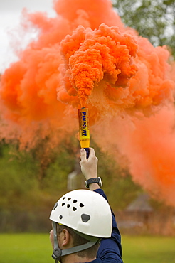 Emergency flare to attract incoming Sea King Helicopter, Lake District, Cumbria, England, United Kingdom, Europe