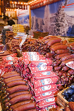 German sausages on a stall at the Christmas market outside Manchester Town Hall in Manchester, England, United Kingdom, Europe