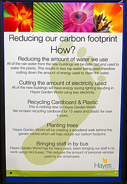 A poster outlining how Hayes Garden Centre is reducing its carbon footprint, in Ambleside, Cumbria, England, United Kingdom, Europe