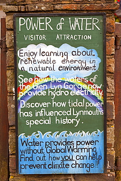 A sign for the water power visitor attraction in the Glen Lyn Gorge, Devon, England, United Kingdom, Europe