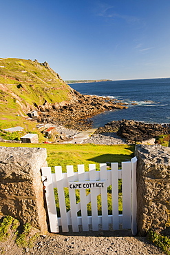 A cottage gate at Cape Cornwall, near St. Just, Cornwall, England, United Kingdom, Europe