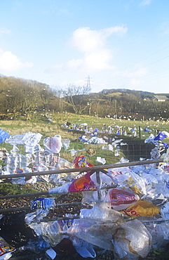 Plastic bags and packaging blown from a landfill site in Barrow in Furness, Cumbria, England, United Kingdom, Europe