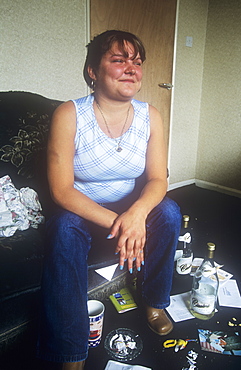 A young mum at a council house on the sink estate of Raffles, Carlisle, Cumbria, England, United Kingdom, Europe