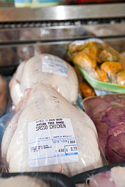 Locally reared free range chickens on a farmers market in Kendal, Cumbria, England, United Kingdom, Europe