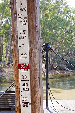 A marker showing flood levels on the Murray River at the port of Echuca, Victoria, Australia, Pacific