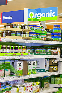 Organic food for sale on supermarket shelves, Cumbria, England, United Kingdom, Europe