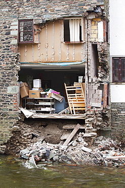 House in Keswick next to the River Greta, collapsed after it was undermined by the flood waters, Keswick, Lake District, Cumbria, England, United Kingdom, Europe