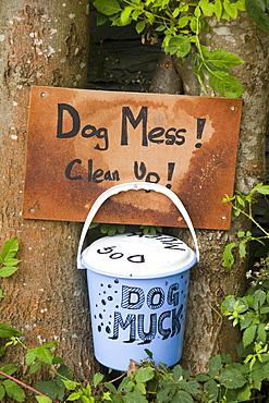 A bucket placed on a lane where inconsiderate dog walkers often allow their dogs to foul without cleaning up, in Ambleside, Cumbria, England, United Kingdom, Europe