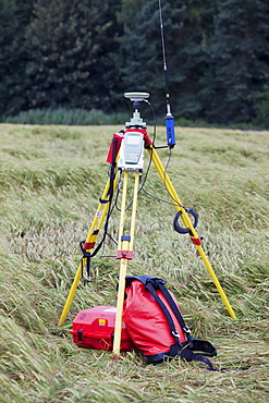 A differential GPS being used in real time kinematic survey, to survey the extent of the Durham canyon flooding feature, County Durham, England, United Kingdom, Europe