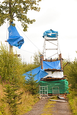 Defensive platforms at the climate camp in Mainshill Wood near Doulgas in Lanarkshire, Scotland, United Kingdom, Europe