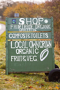 A sign for an organic farm selling home grown produce near Clapham, Yorkshire, England, United Kingdom, Europe