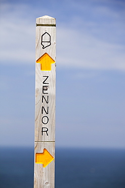 A sign for Zennor on the South West Coast Path in Cornwall, England, United Kingdom, Europe