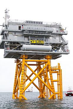 The transformer substation that connects all the electric cable from each turbine, before sending the electricity ashore, Walney Offshore Wind Farm, Barrow in Furness, Cumbria, England, United Kingdom, Europe