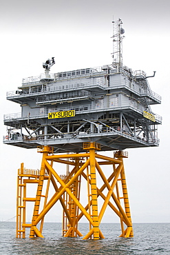 The transformer substation that connects all the electric cable from each turbine, before sending the electricity ashore, Walney Offshore Wind Farm, Barrow in Furness, Cumbria, England, United Kingdom, Europe