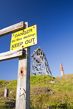 A warning sign at an area of old tin mines in Botallack, Cornwall, England, United Kingdom, Europe