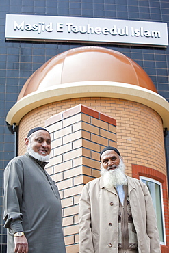 Elderly Pakistani men outside a newly built mosque in Blackburn, Lancashire, England, United Kingdom, Europe