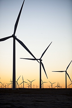 Dawn over Whitlee wind farm on Eaglesham Moor just south of Glasgow in Scotland, United Kingdom, Europe