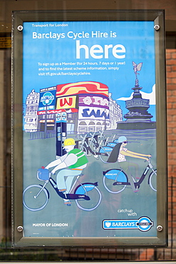 A poster for the Barclays Cycle Hire scheme, London, England, United Kingdom, Europe