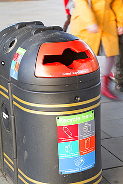 A recycling bin on the South Bank, London, England, United Kingdom, Europe