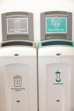 Recycling bins in the cafe at Kendal College, Cumbria, England, United Kingdom, Europe