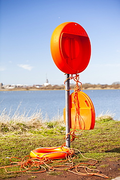 A lifering that has been vandalised at Cavendish Dock in Barrow in Furness, Cumbria, England, United Kingdom, Europe