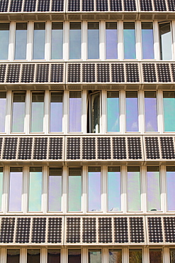 Solar panels on a building on the campus of Northumbira University, Newcastle upon Tyne, Tyneside, England, United Kingdom, Europe