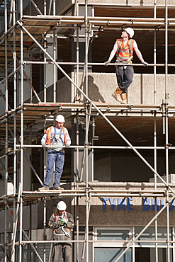 Scaffolders working on a building in Gateshead, Tyneside, England, United Kingdom, Europe