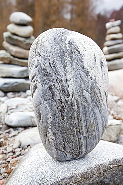 Pebble sculptures on the River Feshie, Cairngorm, Scotland, United Kingdom, Europe