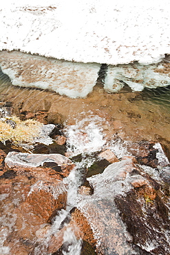 Avalanche debris and ice breaking up on Coire an Lochain, Cairngorms, Scotland, United Kingdom, Europe