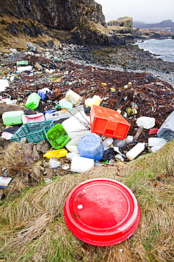 Plastic debris washed ashore at Ardtreck Bay on the Isle of Skye, Scotland, United Kingdom, Europe