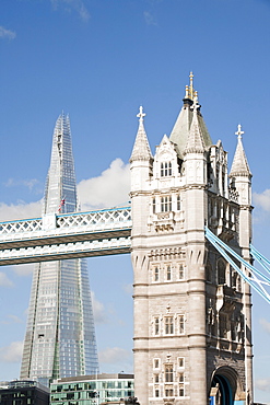 The Tower Bridge and the Shard, at 310m (over 1000 feet) the tallest building in Europe, London, England, United Kingdom, Europe